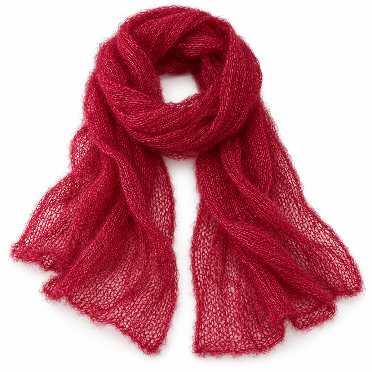 Visualización ilustrativa del resultado tejido: bufanda de Kid mohair rojo frambuesa 0985 con seda, grosor Lace.