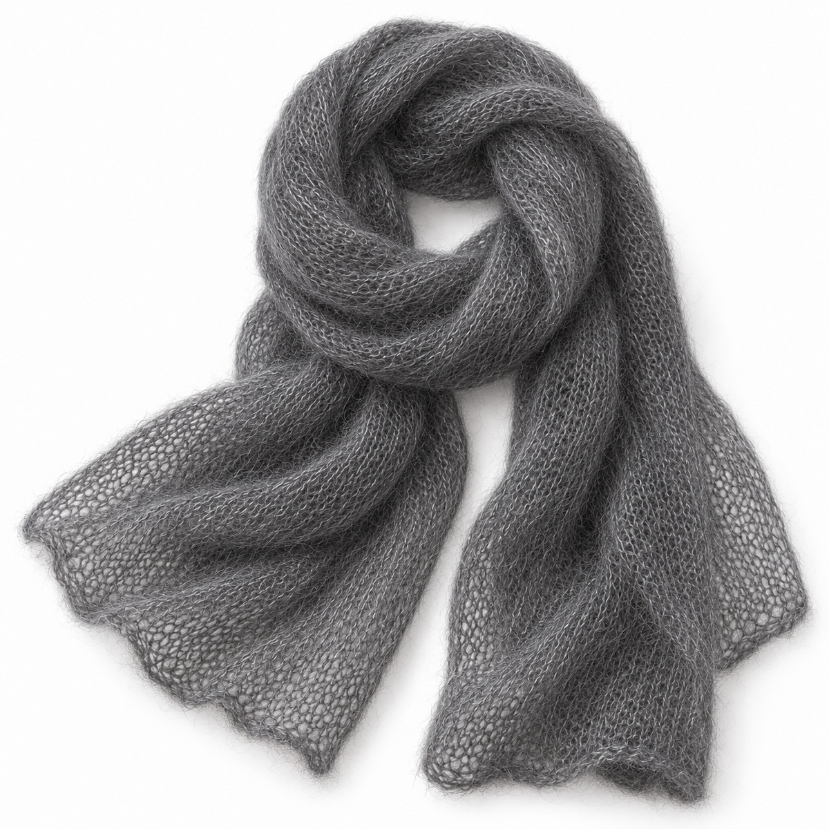 Visualización ilustrativa del resultado tejido: bufanda de Kid mohair gris marengo 133 con seda, grosor Lace.