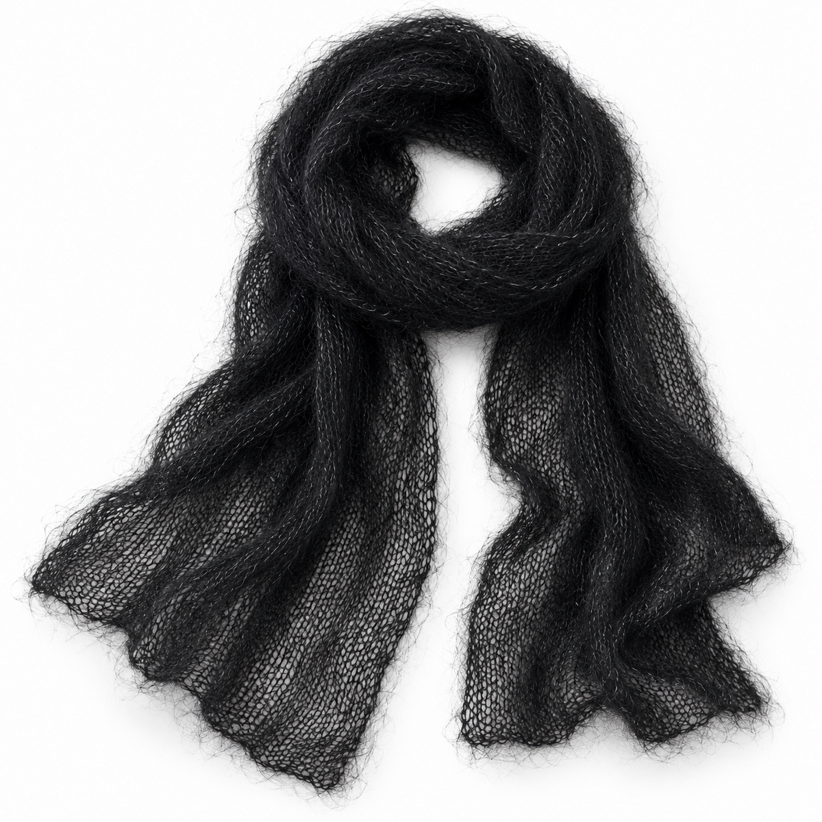 Visualización ilustrativa del resultado tejido: bufanda de Kid mohair negro 135 con seda, grosor Lace.