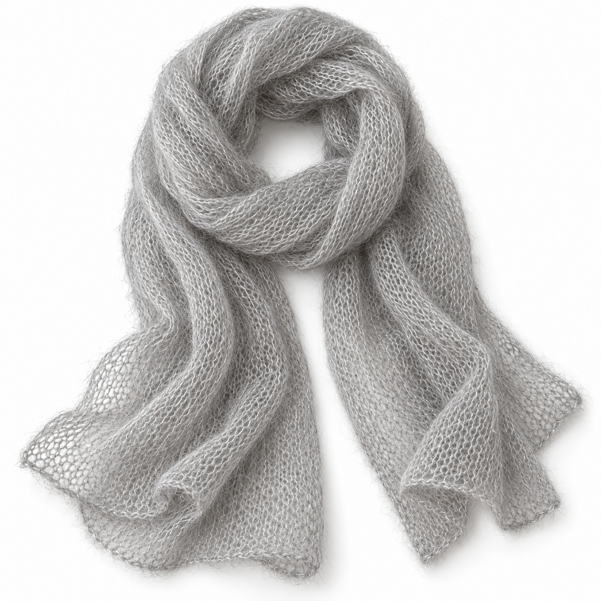 Visualización ilustrativa del resultado tejido: bufanda de Kid mohair gris perla 136 con seda, grosor Lace.