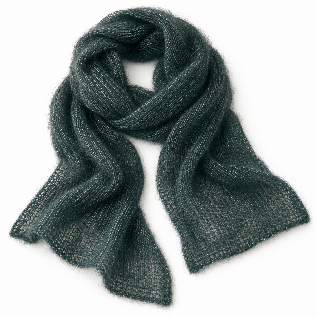 Visualización ilustrativa del resultado tejido: bufanda de Kid mohair verde botella 728 con seda, grosor Lace.