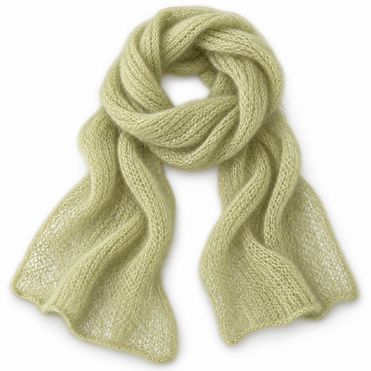 Visualización ilustrativa del resultado tejido: bufanda de Kid mohair verde pistacho claro 729-1 con seda, grosor Lace.