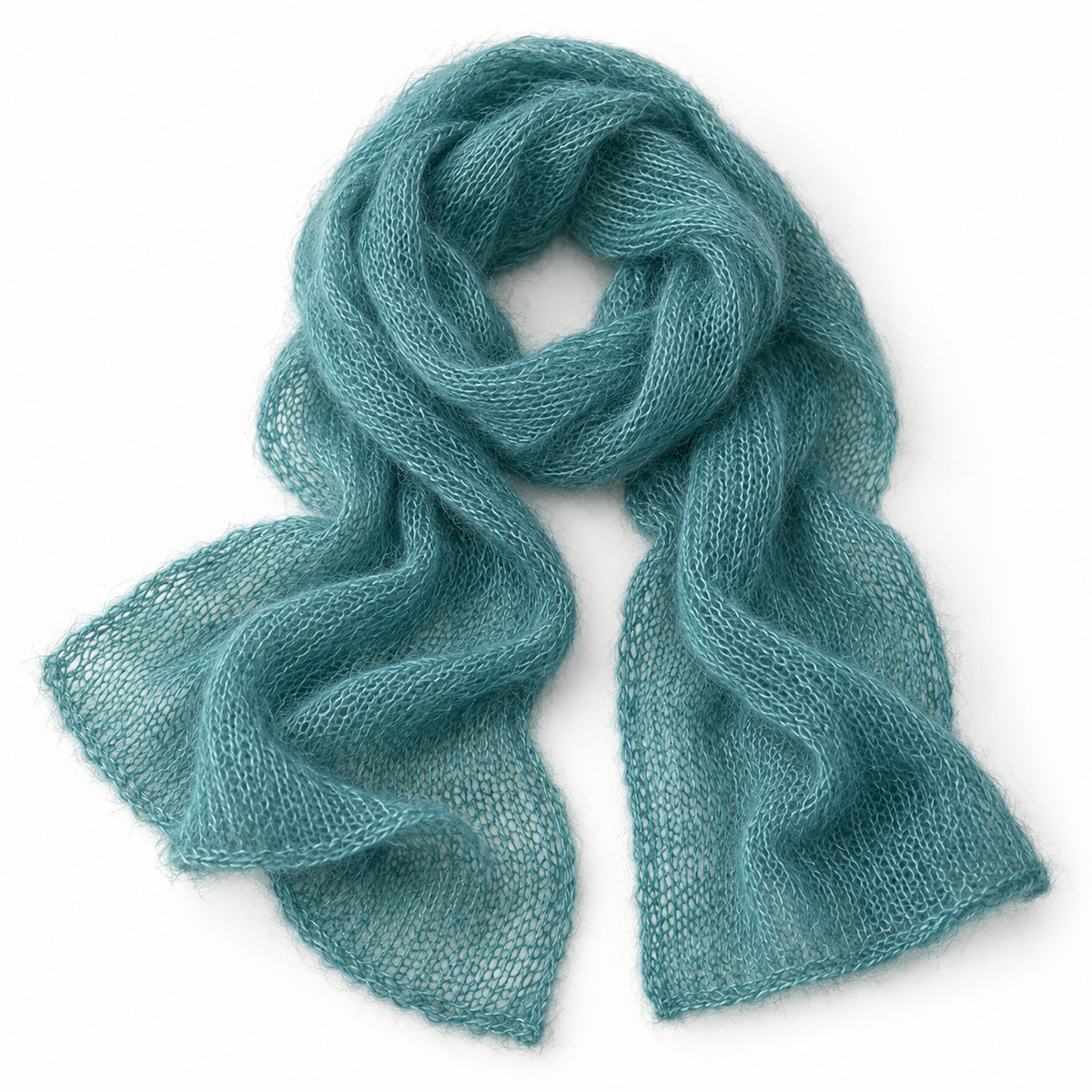 Visualización ilustrativa del resultado tejido: bufanda de Kid mohair turquesa oscuro 8422 con seda, grosor Lace.