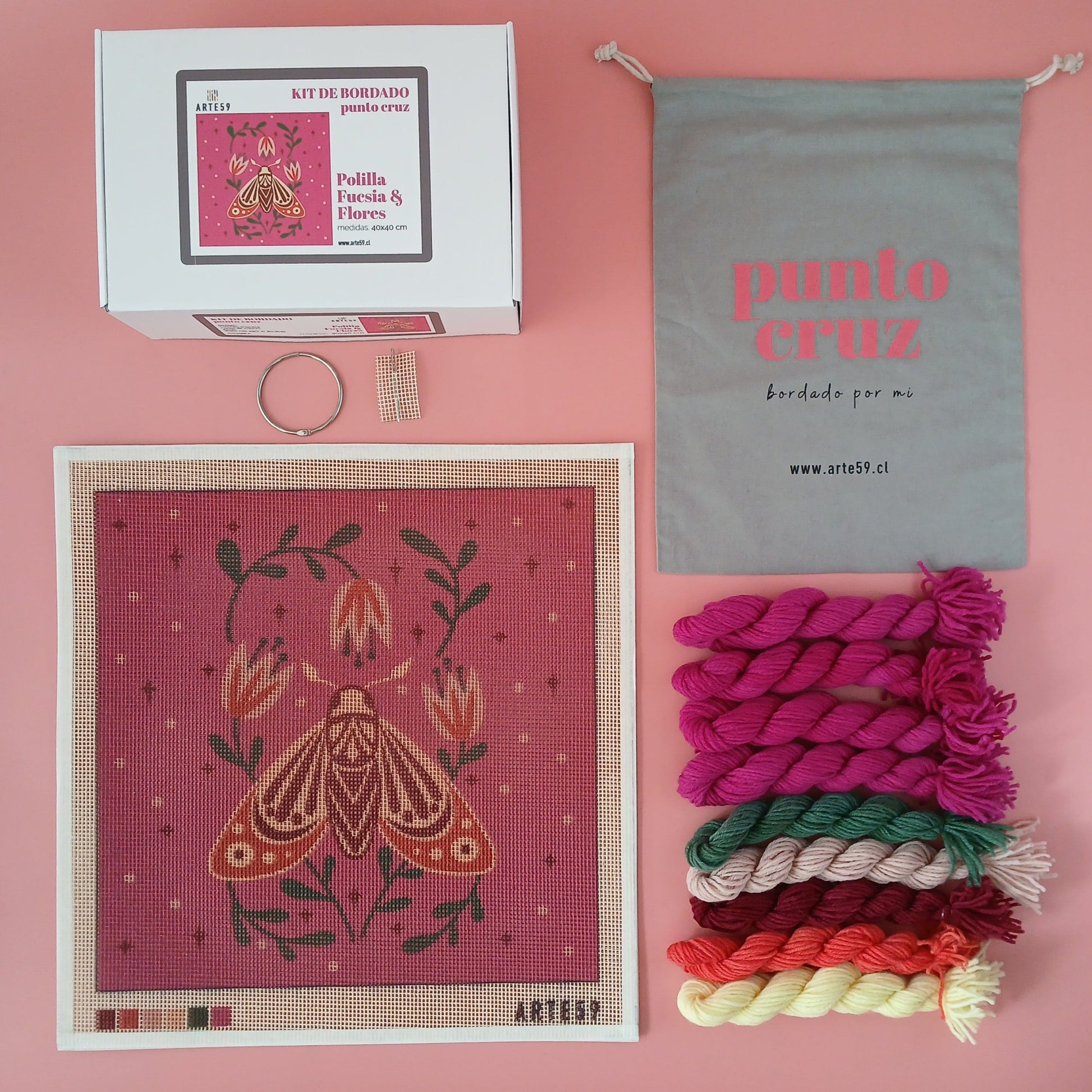 Arte59 Kit de 40x40 cm Kit polilla fucsia y flores 40x40