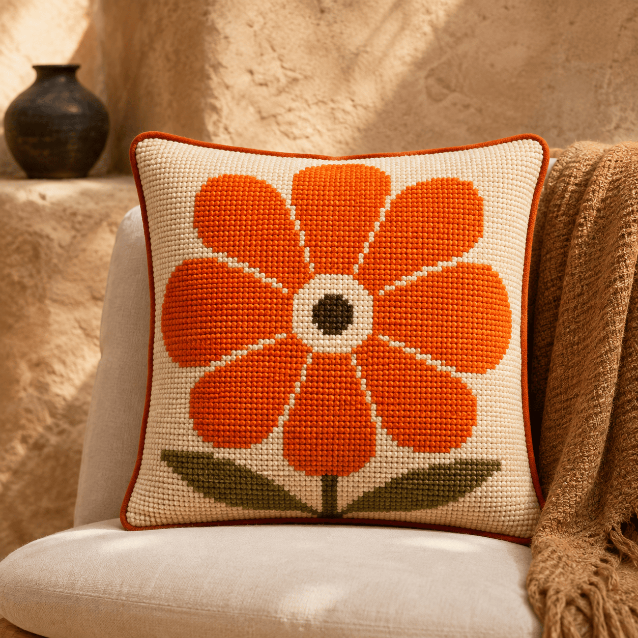 Kit 40x40 cm flor grande naranja bordado terminado