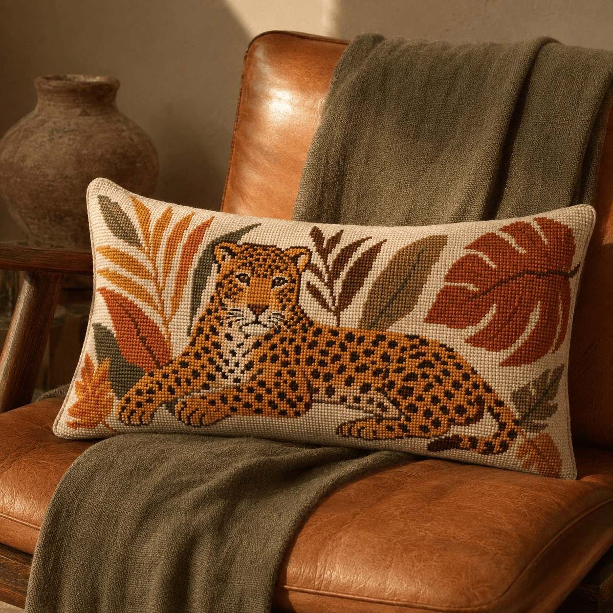 Kit 30x50 cm leopardo y hojas cálido bordado terminado